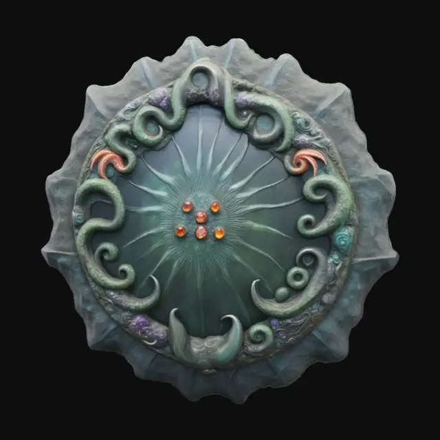 3D model for A dark and mystical Shield fit for the sea witch of The Little Mermaid, made of rugged ocean rock. The Shield has a rough, jagged stone texture, with tentacle-like carvings wrapping around its frame. resemble sea creature claws, adorned with eerie glowing gemstones. The Shield is surrounded by deep-sea elements like seaweed, coral, and eerie bioluminescent plants, creating an ominous underwater atmosphere.
