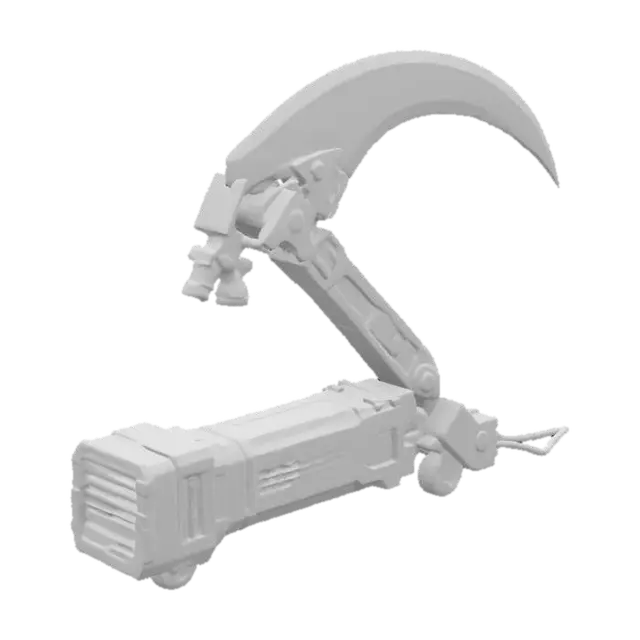 3D model for An angular, high-tech scythe module for a robot arm, blending futuristic and retro elements. The primary cutting surface is a sharp, vibrant lime-green, semi-transparent energy blade, encased within a robust, dark navy-blue chassis. The body features exposed, neatly arranged conduits and ventilation grates in a contrasting bright blue, giving it a detailed yet still minimalistic, almost circuit-board like appearance. #arch#