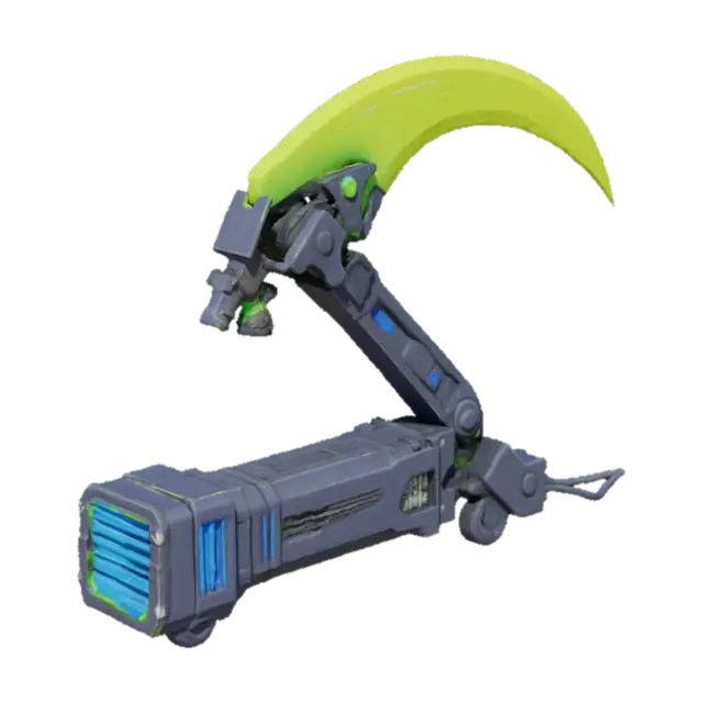 3D model for An angular, high-tech scythe module for a robot arm, blending futuristic and retro elements. The primary cutting surface is a sharp, vibrant lime-green, semi-transparent energy blade, encased within a robust, dark navy-blue chassis. The body features exposed, neatly arranged conduits and ventilation grates in a contrasting bright blue, giving it a detailed yet still minimalistic, almost circuit-board like appearance. #arch#