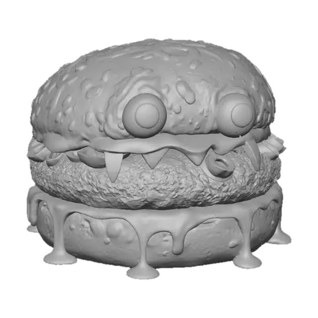 3D model for A "Swamp Monster Burger": The burger features a vibrant, almost neon-green bun, slightly irregular in shape, giving it a mossy, monstrous appearance. A thick, gooey, dark purple "slime" sauce oozes from beneath the patty, which is topped with jagged, black olive "teeth" and two large, googly candy eyes peeking from the bun. The overall texture suggests a soft, squishy bog creature with a surprisingly savory bite.