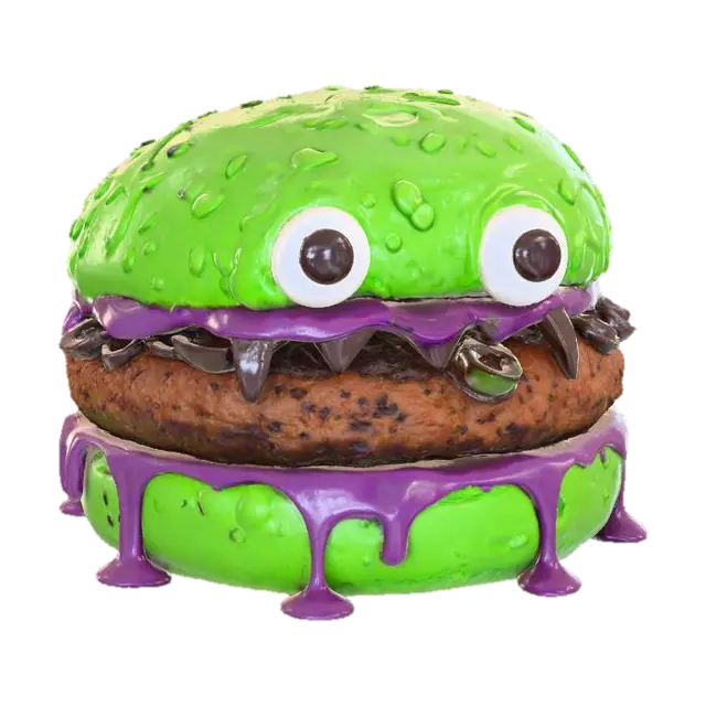 3D model for A "Swamp Monster Burger": The burger features a vibrant, almost neon-green bun, slightly irregular in shape, giving it a mossy, monstrous appearance. A thick, gooey, dark purple "slime" sauce oozes from beneath the patty, which is topped with jagged, black olive "teeth" and two large, googly candy eyes peeking from the bun. The overall texture suggests a soft, squishy bog creature with a surprisingly savory bite.