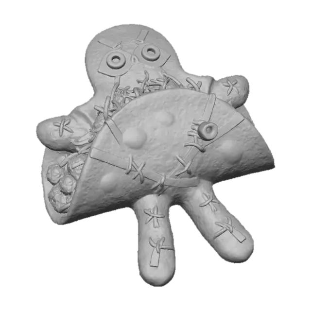 3D model for A "Voodoo Doll Taco": A soft corn tortilla, dyed a muted, earthy brown or dark blue, is folded into a vaguely humanoid shape. It's filled with shredded purple cabbage and spicy red chorizo. Thin, crispy tortilla strips, dyed dark red, are "stitched" across its "body" with edible black icing, while two black olive halves serve as button eyes. A tiny "pin" (a toothpick with a green olive) is strategically placed., #Halloween2025#