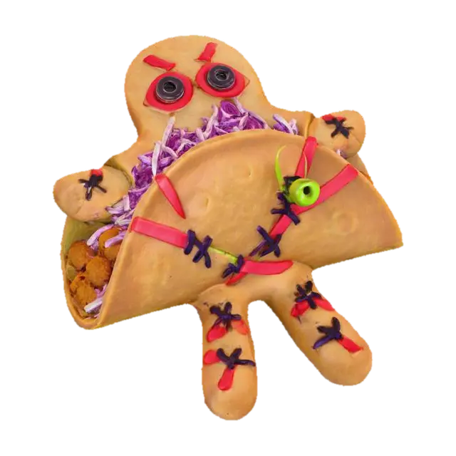 3D model for A "Voodoo Doll Taco": A soft corn tortilla, dyed a muted, earthy brown or dark blue, is folded into a vaguely humanoid shape. It's filled with shredded purple cabbage and spicy red chorizo. Thin, crispy tortilla strips, dyed dark red, are "stitched" across its "body" with edible black icing, while two black olive halves serve as button eyes. A tiny "pin" (a toothpick with a green olive) is strategically placed., #Halloween2025#