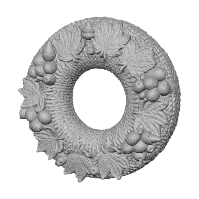 3D model for A quaint knitted mini-wreath, about 10 inches in diameter, perfect for a small door or wall accent during Thanksgiving. Constructed from a chunky blend of moss green and deep red wool, its base is knitted, then adorned with individually knitted maple leaves, acorns, and small, plump berries. Its multi-textured surface creates a welcoming, rustic, and full-bodied autumn charm.