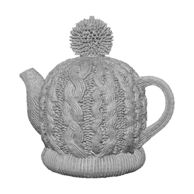 3D model for A traditional knitted teapot cozy, ensuring your tea stays warm during Thanksgiving gatherings. Designed to fit a standard 4-cup teapot, it's meticulously hand-knitted from a thick, insulating cream-colored wool blend yarn. The cozy features a classic cable knit pattern across its body and a neat, snug fit, providing both charming aesthetics and excellent heat retention for your festive brews.