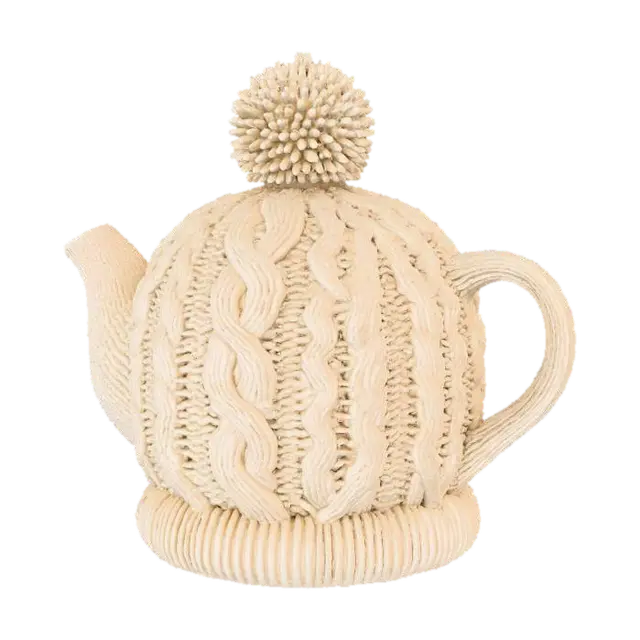 3D model for A traditional knitted teapot cozy, ensuring your tea stays warm during Thanksgiving gatherings. Designed to fit a standard 4-cup teapot, it's meticulously hand-knitted from a thick, insulating cream-colored wool blend yarn. The cozy features a classic cable knit pattern across its body and a neat, snug fit, providing both charming aesthetics and excellent heat retention for your festive brews.