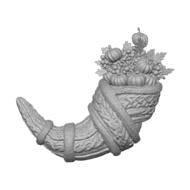 3D model for A luxurious knitted scarf, designed as an oversized, elongated **cornucopia**, symbolizing abundance. It begins narrowly and gradually widens, beautifully textured with cable and seed stitches in a blend of rich cream and earthy brown wool. The wide end is artfully filled with small, densely knitted **berries, gourds, and autumn leaves** in vibrant seasonal colors. #Thanksgiving#