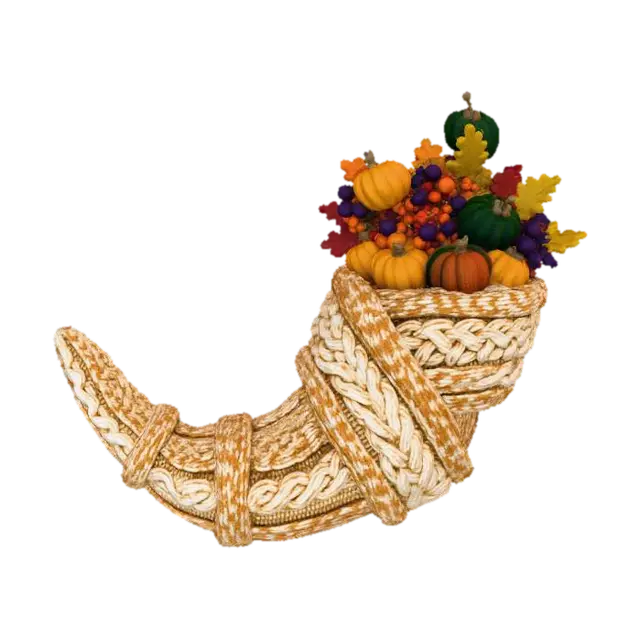3D model for A luxurious knitted scarf, designed as an oversized, elongated **cornucopia**, symbolizing abundance. It begins narrowly and gradually widens, beautifully textured with cable and seed stitches in a blend of rich cream and earthy brown wool. The wide end is artfully filled with small, densely knitted **berries, gourds, and autumn leaves** in vibrant seasonal colors. #Thanksgiving#