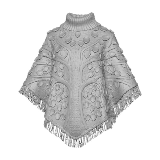 3D model for A captivating knitted poncho, designed as a wearable "Gratitude Tree." The main body is a rich, textured brown wool blend, forming a tree trunk and branches. Attached are numerous small, flat knitted **autumn leaves** in various fall hues, each designed with space for a tiny embroidered word or initial, symbolizing individual thanks. This creates an interactive, evolving tapestry of gratitude. #Thanksgiving#