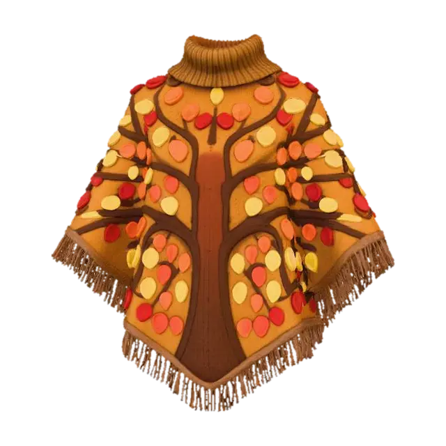 3D model for A captivating knitted poncho, designed as a wearable "Gratitude Tree." The main body is a rich, textured brown wool blend, forming a tree trunk and branches. Attached are numerous small, flat knitted **autumn leaves** in various fall hues, each designed with space for a tiny embroidered word or initial, symbolizing individual thanks. This creates an interactive, evolving tapestry of gratitude. #Thanksgiving#