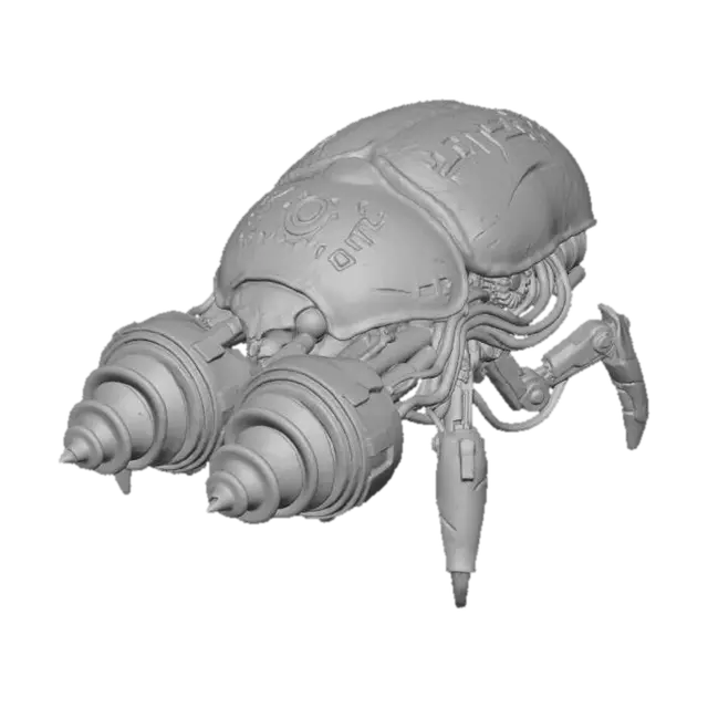 3D model for A **personal subterranean drill**, shaped like a massive **bone-white beetle**, its iridescent **chitin-like shell** scarred and marked with **faded emerald tribal patterns**. **Heavy-duty chrome drill bits** made of **dark obsidian** spin with **desaturated fuchsia energy** at its front, while **burnt orange and teal hydraulic lines** are exposed along its articulated segments. This **Wabi-sabi Cyberpunk vehicle** is a beast of the underworld, blending natural form with brutal industrial might.