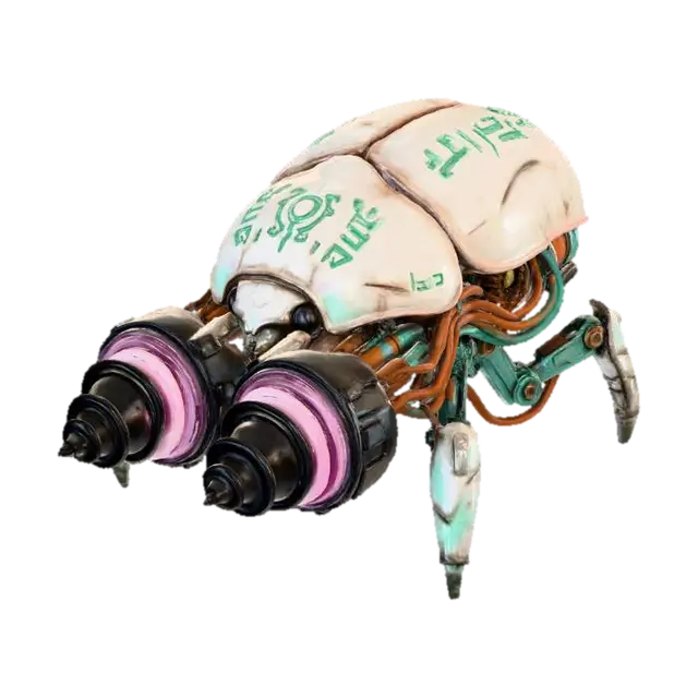 3D model for A **personal subterranean drill**, shaped like a massive **bone-white beetle**, its iridescent **chitin-like shell** scarred and marked with **faded emerald tribal patterns**. **Heavy-duty chrome drill bits** made of **dark obsidian** spin with **desaturated fuchsia energy** at its front, while **burnt orange and teal hydraulic lines** are exposed along its articulated segments. This **Wabi-sabi Cyberpunk vehicle** is a beast of the underworld, blending natural form with brutal industrial might.