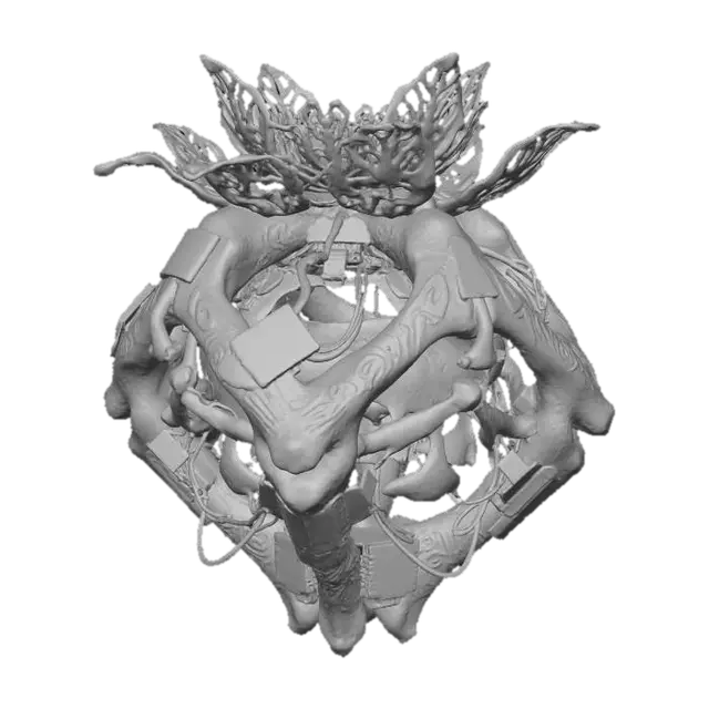 3D model for A **ritualistic incense burner**, designed as a **bone-colored, skeletal structure** of interwoven composite and **dark bronze filigree**, mimicking a dried floral form. **Desaturated amber smoke** curls from its apex, accented by **faded olive and muted aubergine carvings**. This **Wabi-sabi Cyberpunk object** blends ancient spiritual practice with salvaged tech, a powerful symbol of enduring faith and a rich, low-saturation palette.