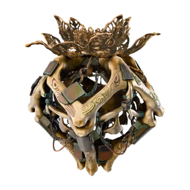 3D model for A **ritualistic incense burner**, designed as a **bone-colored, skeletal structure** of interwoven composite and **dark bronze filigree**, mimicking a dried floral form. **Desaturated amber smoke** curls from its apex, accented by **faded olive and muted aubergine carvings**. This **Wabi-sabi Cyberpunk object** blends ancient spiritual practice with salvaged tech, a powerful symbol of enduring faith and a rich, low-saturation palette.