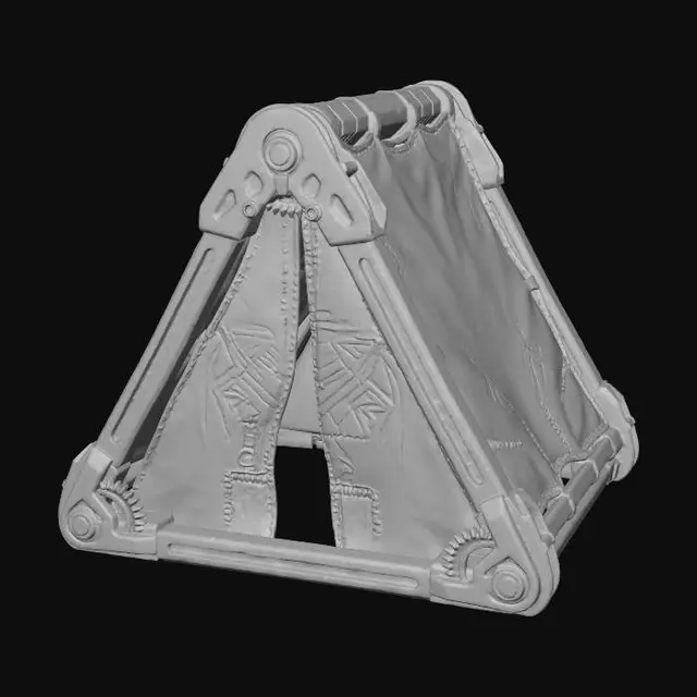 3D model for A **collapsible modular shelter component**, composed of **lightweight bone-colored structural beams** with **dark graphite mechanical joints**. The **faded ochre canvas** panels are reinforced with **desaturated teal patches** and **heavy stitching**, bearing **tribal markings**. This **Wabi-sabi Cyberpunk structure** reflects a resilient, temporary home, blending raw utility with organic, adaptable design and a multi-hued, low-saturation palette.