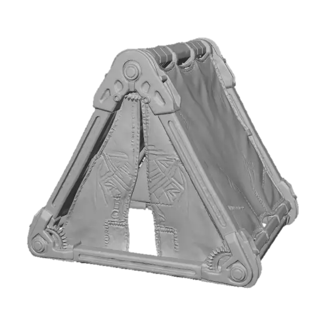 3D model for A **collapsible modular shelter component**, composed of **lightweight bone-colored structural beams** with **dark graphite mechanical joints**. The **faded ochre canvas** panels are reinforced with **desaturated teal patches** and **heavy stitching**, bearing **tribal markings**. This **Wabi-sabi Cyberpunk structure** reflects a resilient, temporary home, blending raw utility with organic, adaptable design and a multi-hued, low-saturation palette.
