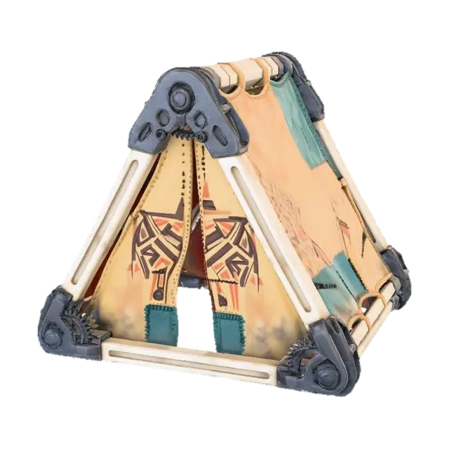 3D model for A **collapsible modular shelter component**, composed of **lightweight bone-colored structural beams** with **dark graphite mechanical joints**. The **faded ochre canvas** panels are reinforced with **desaturated teal patches** and **heavy stitching**, bearing **tribal markings**. This **Wabi-sabi Cyberpunk structure** reflects a resilient, temporary home, blending raw utility with organic, adaptable design and a multi-hued, low-saturation palette.