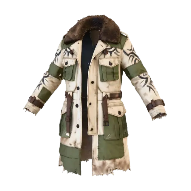 A weathered, heavy trench coat, made from thick, off-white canvas with frayed… - Utilitarian 3D model, vytvořený pomocí AI