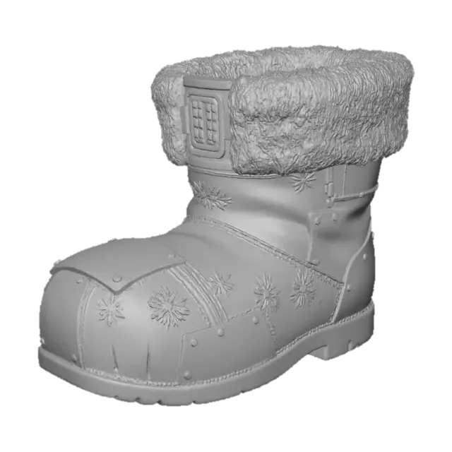 3D model for A **"Santa's Boot" storage unit**, an **asymmetric, worn khaki leather boot**, reinforced with **dark bronze plating** and **riveted, recycled plastic panels**. Its top opening is lined with **faded rose-pink synthetic fur**, concealing a **complex, glowing amber digital lock**. Etched **tribal glyphs of snowflakes** cover its surface, a cherished festive storage. #Christmas2025#