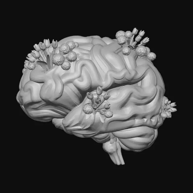 3D model for A Giant Brain made of tangled multi-colored electrical wires. Small "craters" in the surface are filled with vibrant pink tulips and green snowball viburnum, like thoughts turning into flowers.