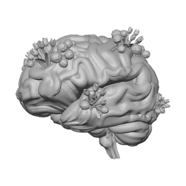 3D model for A Giant Brain made of tangled multi-colored electrical wires. Small "craters" in the surface are filled with vibrant pink tulips and green snowball viburnum, like thoughts turning into flowers.