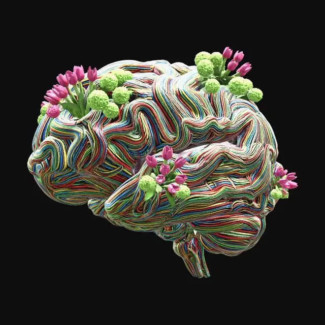 3D model for A Giant Brain made of tangled multi-colored electrical wires. Small "craters" in the surface are filled with vibrant pink tulips and green snowball viburnum, like thoughts turning into flowers.