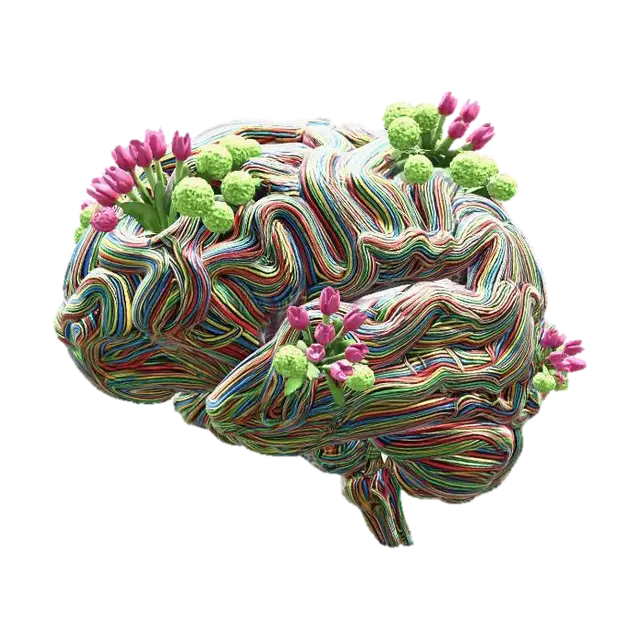 3D model for A Giant Brain made of tangled multi-colored electrical wires. Small "craters" in the surface are filled with vibrant pink tulips and green snowball viburnum, like thoughts turning into flowers.