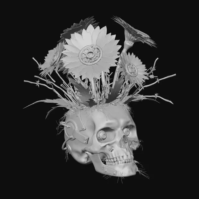 3D model for A 'trophy' arrangement set in a modified, grimy human skull vase, adorned with integrated cybernetic implants and glowing red eye sockets. The floral elements are aggressive: jagged, metallic "gerbera" petals in rusted reds and burnt oranges, surrounded by spiky, carbon-fiber "foliage." The texture is a morbid blend of bone-like polymer, rough oxidized metal, and sharp, resilient synthetic fibers.