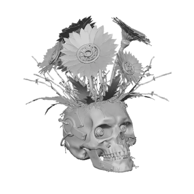 3D model for A 'trophy' arrangement set in a modified, grimy human skull vase, adorned with integrated cybernetic implants and glowing red eye sockets. The floral elements are aggressive: jagged, metallic "gerbera" petals in rusted reds and burnt oranges, surrounded by spiky, carbon-fiber "foliage." The texture is a morbid blend of bone-like polymer, rough oxidized metal, and sharp, resilient synthetic fibers.