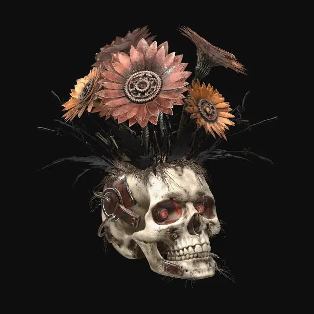 3D model for A 'trophy' arrangement set in a modified, grimy human skull vase, adorned with integrated cybernetic implants and glowing red eye sockets. The floral elements are aggressive: jagged, metallic "gerbera" petals in rusted reds and burnt oranges, surrounded by spiky, carbon-fiber "foliage." The texture is a morbid blend of bone-like polymer, rough oxidized metal, and sharp, resilient synthetic fibers.