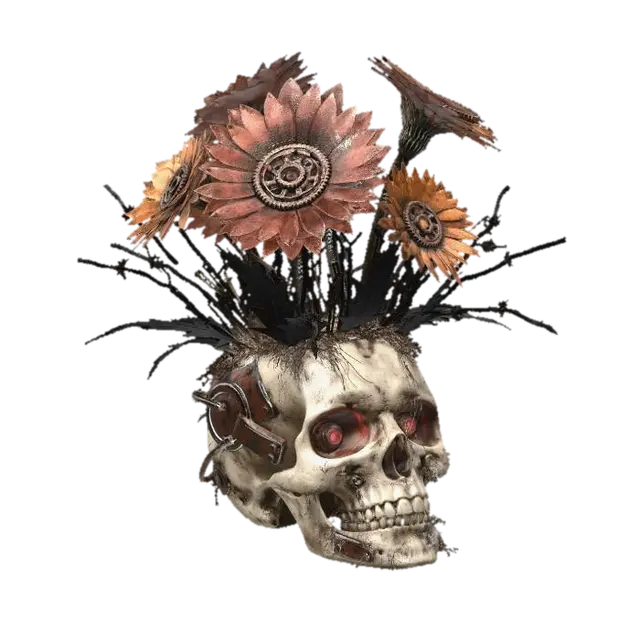 3D model for A 'trophy' arrangement set in a modified, grimy human skull vase, adorned with integrated cybernetic implants and glowing red eye sockets. The floral elements are aggressive: jagged, metallic "gerbera" petals in rusted reds and burnt oranges, surrounded by spiky, carbon-fiber "foliage." The texture is a morbid blend of bone-like polymer, rough oxidized metal, and sharp, resilient synthetic fibers.