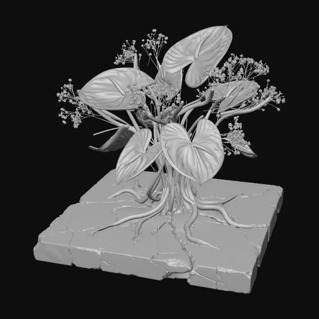 3D model for A surreal botanical sculpture, seemingly growing from a cracked sidewalk slab that's glitching into a vibrant, abstract art pattern. Oversized, plastic anthuriums in metallic teal and faded pink blend with real, delicate baby's breath. Braided, glowing data cables form structural elements, juxtaposing coarse concrete with smooth plastic, delicate organic textures, and pulsating digital light.