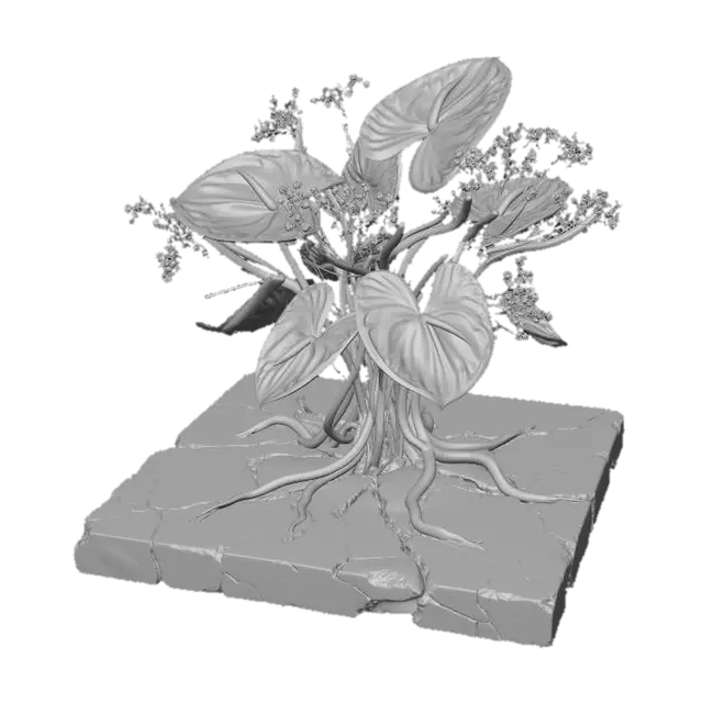3D model for A surreal botanical sculpture, seemingly growing from a cracked sidewalk slab that's glitching into a vibrant, abstract art pattern. Oversized, plastic anthuriums in metallic teal and faded pink blend with real, delicate baby's breath. Braided, glowing data cables form structural elements, juxtaposing coarse concrete with smooth plastic, delicate organic textures, and pulsating digital light.