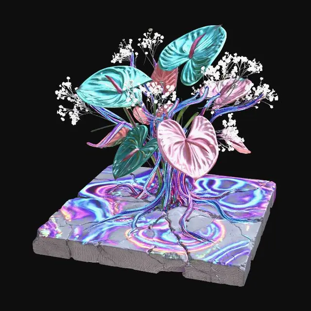 3D model for A surreal botanical sculpture, seemingly growing from a cracked sidewalk slab that's glitching into a vibrant, abstract art pattern. Oversized, plastic anthuriums in metallic teal and faded pink blend with real, delicate baby's breath. Braided, glowing data cables form structural elements, juxtaposing coarse concrete with smooth plastic, delicate organic textures, and pulsating digital light.