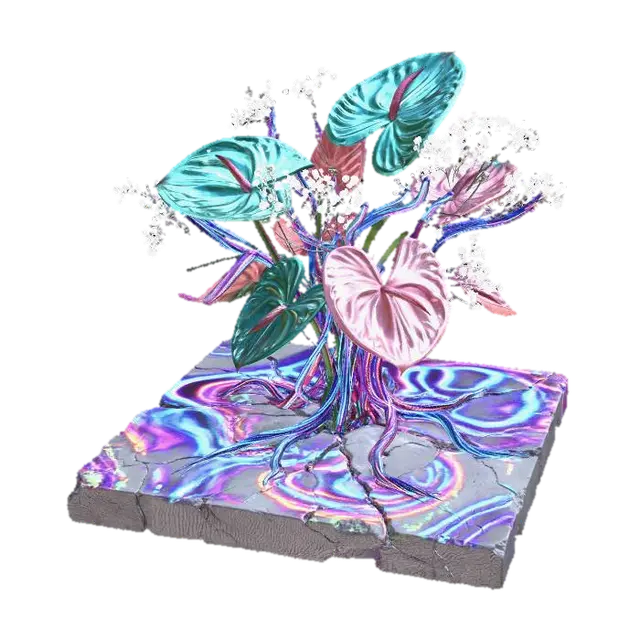 3D model for A surreal botanical sculpture, seemingly growing from a cracked sidewalk slab that's glitching into a vibrant, abstract art pattern. Oversized, plastic anthuriums in metallic teal and faded pink blend with real, delicate baby's breath. Braided, glowing data cables form structural elements, juxtaposing coarse concrete with smooth plastic, delicate organic textures, and pulsating digital light.