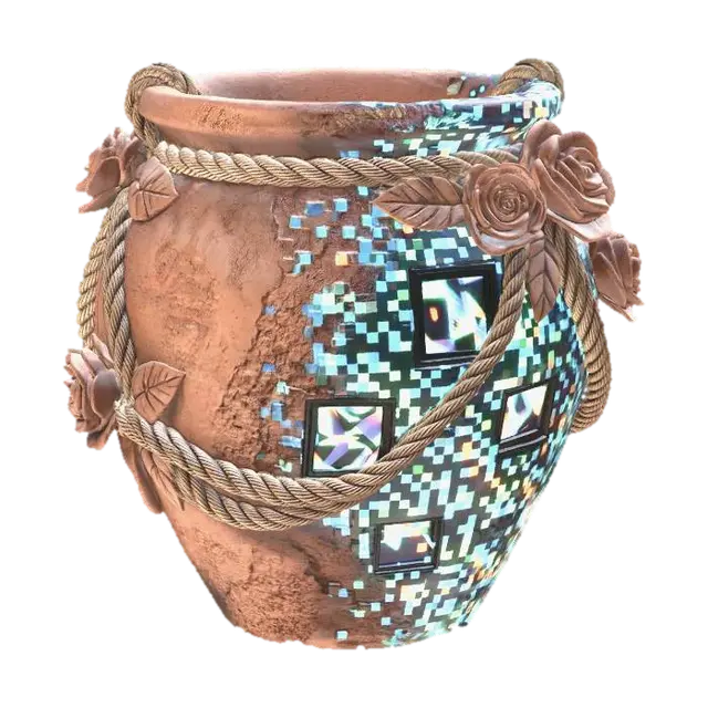 A rough terracotta pot, ancient and earthy, with one side of its surface crumbling… - Roses 3D model, vytvořený pomocí AI