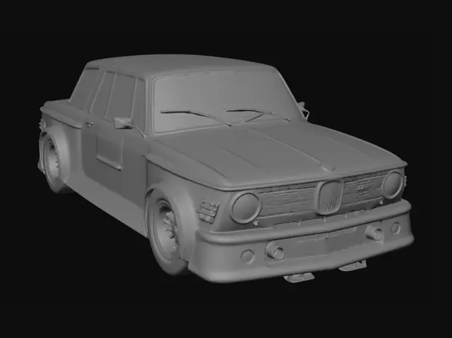3D model for BMW 2002 tii Turbo race car, wide stance, flared fenders, front air dam, period‑correct racing livery, exposed intercooler, lowered suspension, detailed reflections on paint, crisp mechanical detailing, dynamic three‑quarter angle, no background, studio lighting.