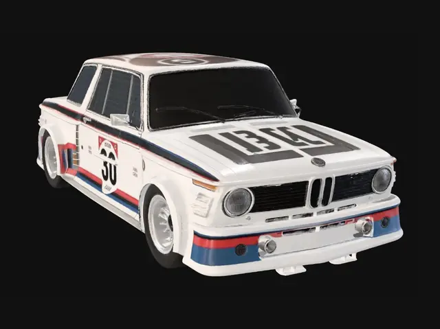 3D model for BMW 2002 tii Turbo race car, wide stance, flared fenders, front air dam, period‑correct racing livery, exposed intercooler, lowered suspension, detailed reflections on paint, crisp mechanical detailing, dynamic three‑quarter angle, no background, studio lighting.