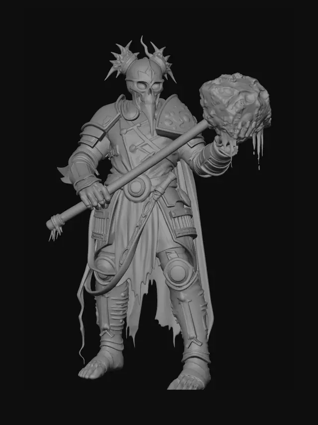3D model for A plague-ridden champion in armor overgrown with rotting flesh and fungus, weeping sores visible through cracks, swinging a rusted flail covered in pus, isolated body-horror character.