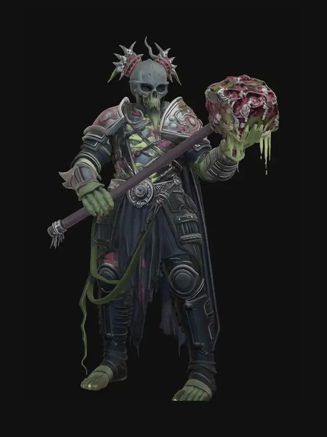 3D model for A plague-ridden champion in armor overgrown with rotting flesh and fungus, weeping sores visible through cracks, swinging a rusted flail covered in pus, isolated body-horror character.