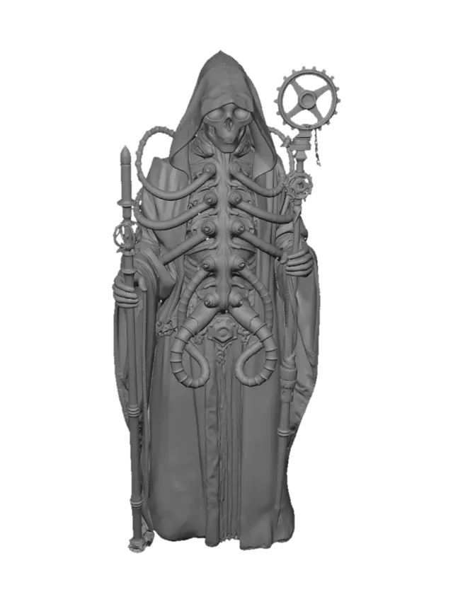 3D model for A hooded cybernetic priest with exposed mechanical spine and multiple metallic tentacles, glowing red augmetic eyes, rusted robes and incense burners, holding a cog-toothed staff, isolated on dark void.