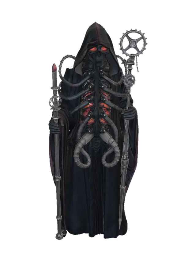 3D model for A hooded cybernetic priest with exposed mechanical spine and multiple metallic tentacles, glowing red augmetic eyes, rusted robes and incense burners, holding a cog-toothed staff, isolated on dark void.