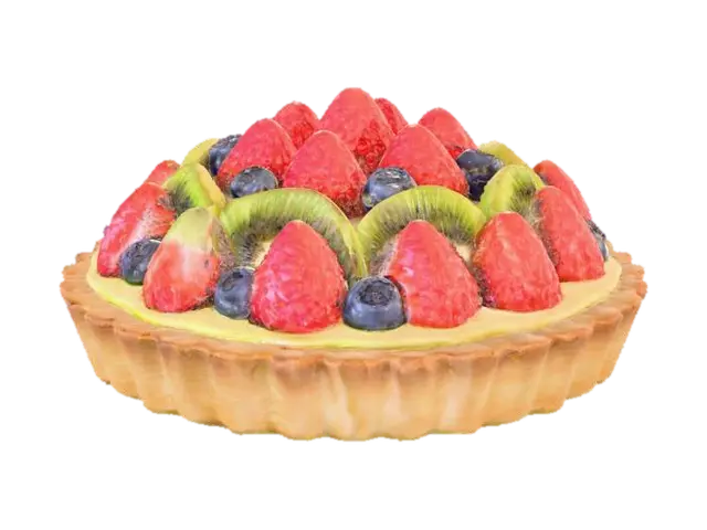 A colorful fruit tart, round in shape, featuring a crisp, golden-brown shortbread… 3D model, vytvořený pomocí AI