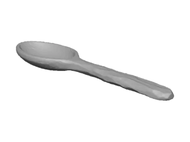 3D model for A rustic, hand-carved wooden spoon, fashioned from light-colored, grainy maple wood. Its bowl is smooth from use, while the handle retains a slightly rougher, tactile texture, showing the individual knife marks. The natural wood color varies from cream to pale brown, highlighting its organic structure and warm, earthy appeal, perfect for an old kitchen.