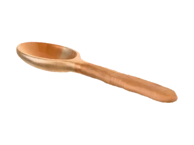3D model for A rustic, hand-carved wooden spoon, fashioned from light-colored, grainy maple wood. Its bowl is smooth from use, while the handle retains a slightly rougher, tactile texture, showing the individual knife marks. The natural wood color varies from cream to pale brown, highlighting its organic structure and warm, earthy appeal, perfect for an old kitchen.
