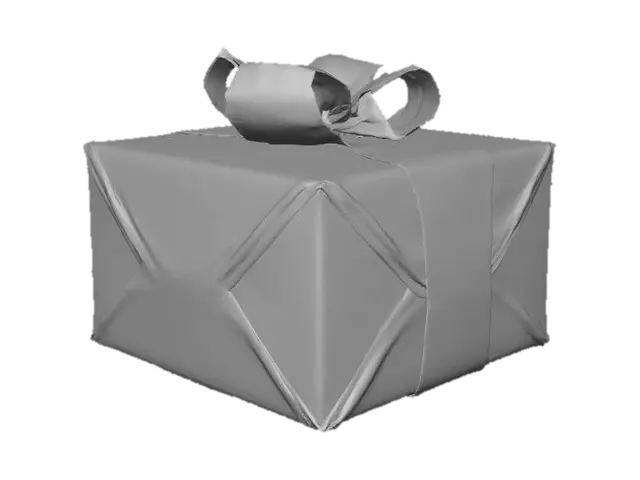 3D model for A neatly wrapped Christmas gift, encased in glossy forest green paper with crisp, precise folds at the corners. A luxurious bright gold satin ribbon is tied around the package, culminating in an elaborate, multi-looped bow positioned prominently on the top surface. The paper feels smooth and slightly cool, while the ribbon is silky and soft. The underlying structure is a simple, sturdy cuboid box.