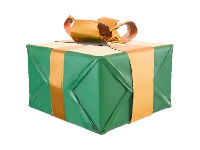 3D model for A neatly wrapped Christmas gift, encased in glossy forest green paper with crisp, precise folds at the corners. A luxurious bright gold satin ribbon is tied around the package, culminating in an elaborate, multi-looped bow positioned prominently on the top surface. The paper feels smooth and slightly cool, while the ribbon is silky and soft. The underlying structure is a simple, sturdy cuboid box.