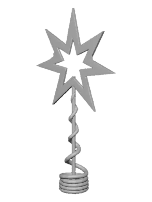 3D model for A radiant Christmas tree star topper, boasting five distinct points, fashioned from a lightweight, hollow plastic or metal frame. Its entire surface is coated in a brilliant, shimmering gold glitter, providing a captivating sparkle. A sturdy spiral base extends from its bottom for secure placement atop a tree. The texture is coarse and gritty due to the glitter, yet the overall structure is light and airy.