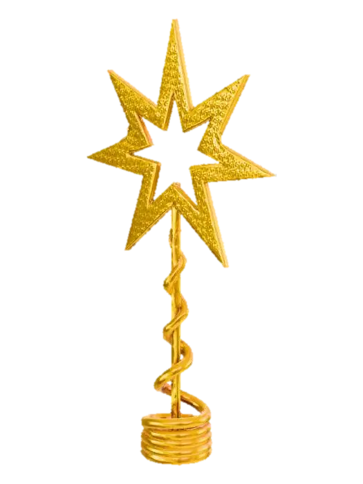 3D model for A radiant Christmas tree star topper, boasting five distinct points, fashioned from a lightweight, hollow plastic or metal frame. Its entire surface is coated in a brilliant, shimmering gold glitter, providing a captivating sparkle. A sturdy spiral base extends from its bottom for secure placement atop a tree. The texture is coarse and gritty due to the glitter, yet the overall structure is light and airy.