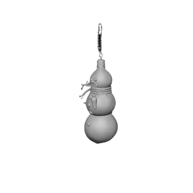 3D model for A sparkling glass snowman ornament, made from translucent, slightly frosted white glass with a smooth, cool touch. It comprises three stacked spheres, with tiny black beads for eyes and mouth, and a miniature orange glass carrot for a nose. A thin, delicate silver scarf is painted around its neck, and a small, almost invisible loop is fused to the top for hanging.